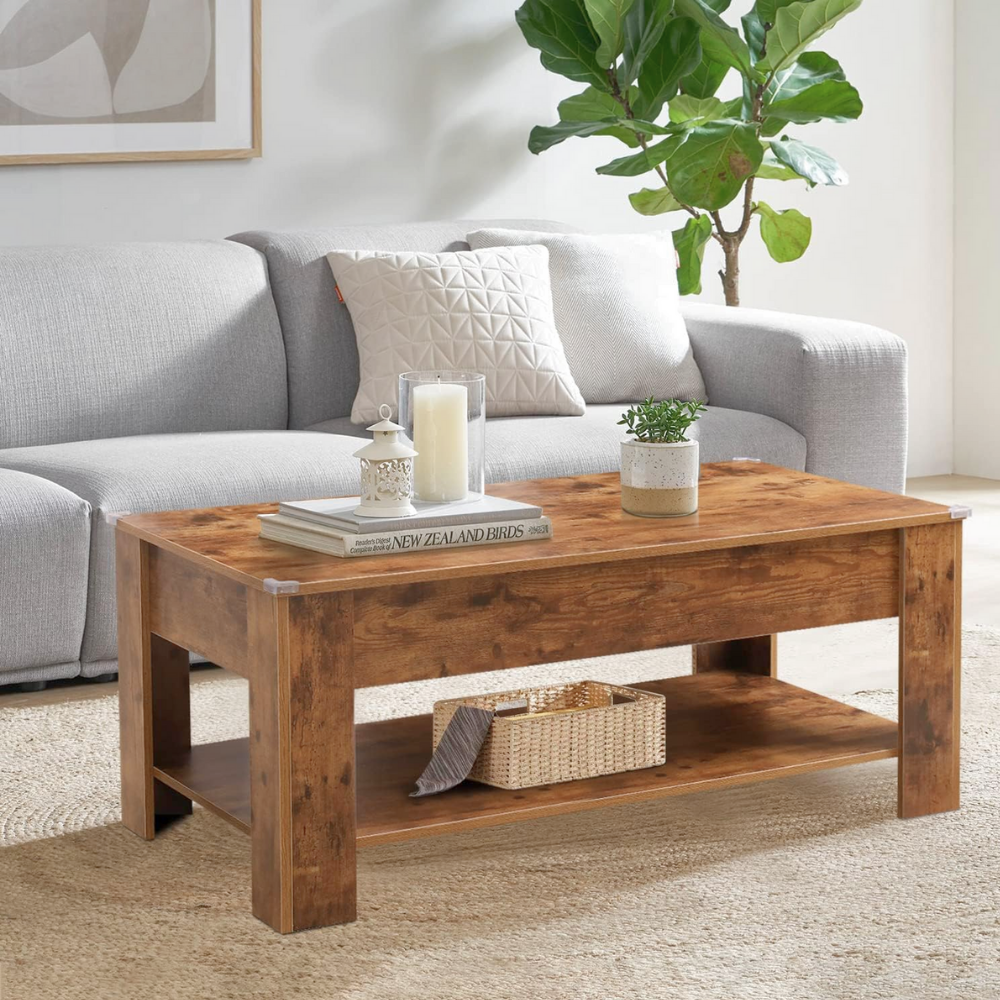 Vintage Lift-Top Coffee Table with Hidden Storage and Shelf-5