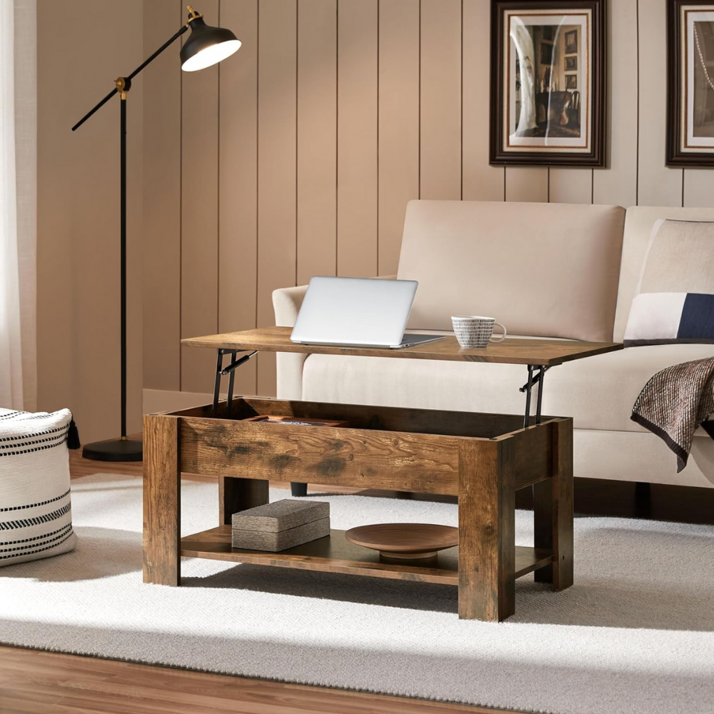 Vintage Lift-Top Coffee Table with Hidden Storage and Shelf-1