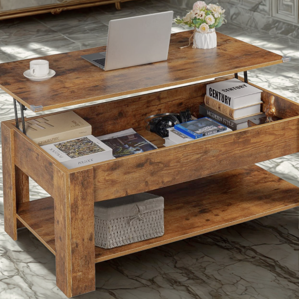 Vintage Lift-Top Coffee Table with Hidden Storage and Shelf-2