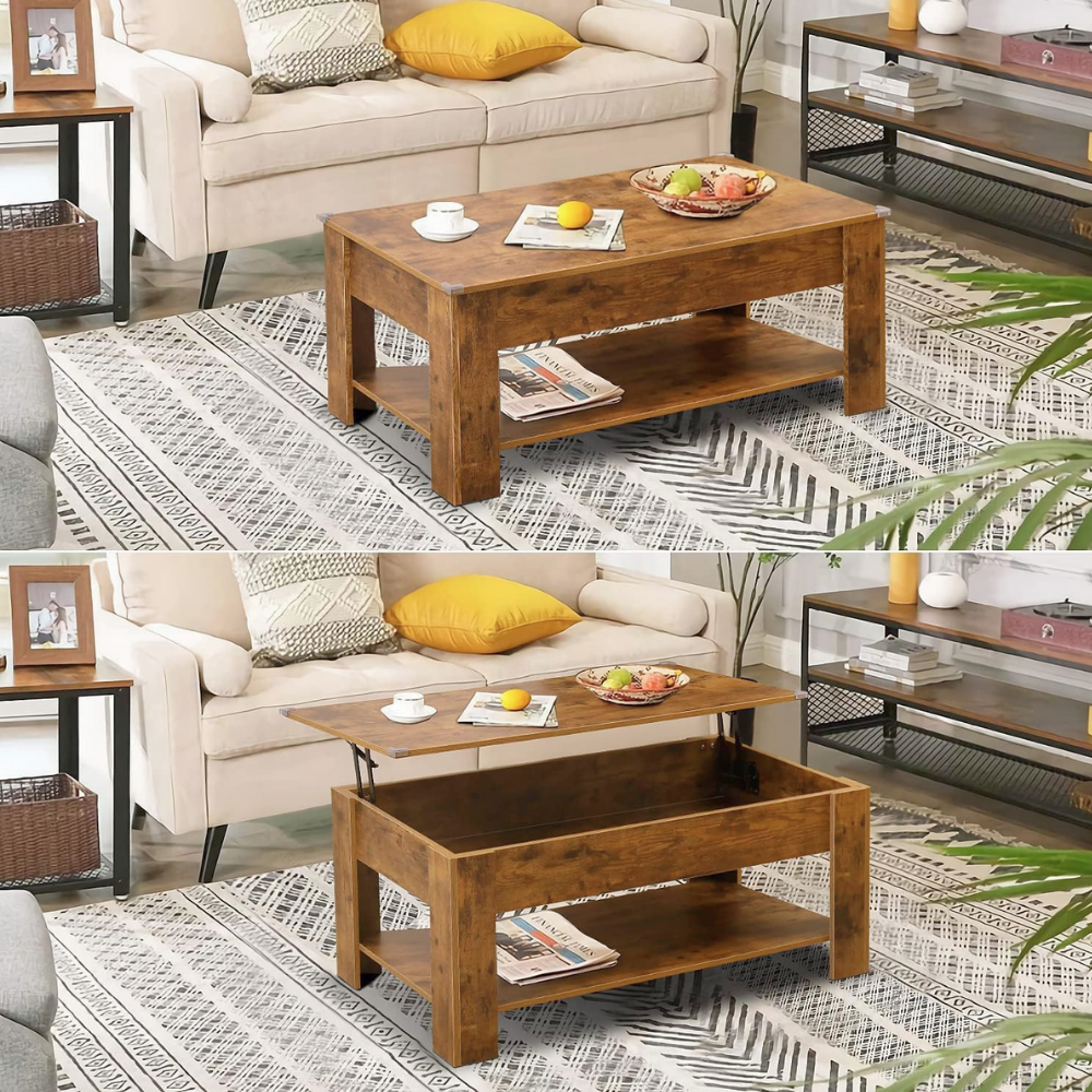 Vintage Lift-Top Coffee Table with Hidden Storage and Shelf-3