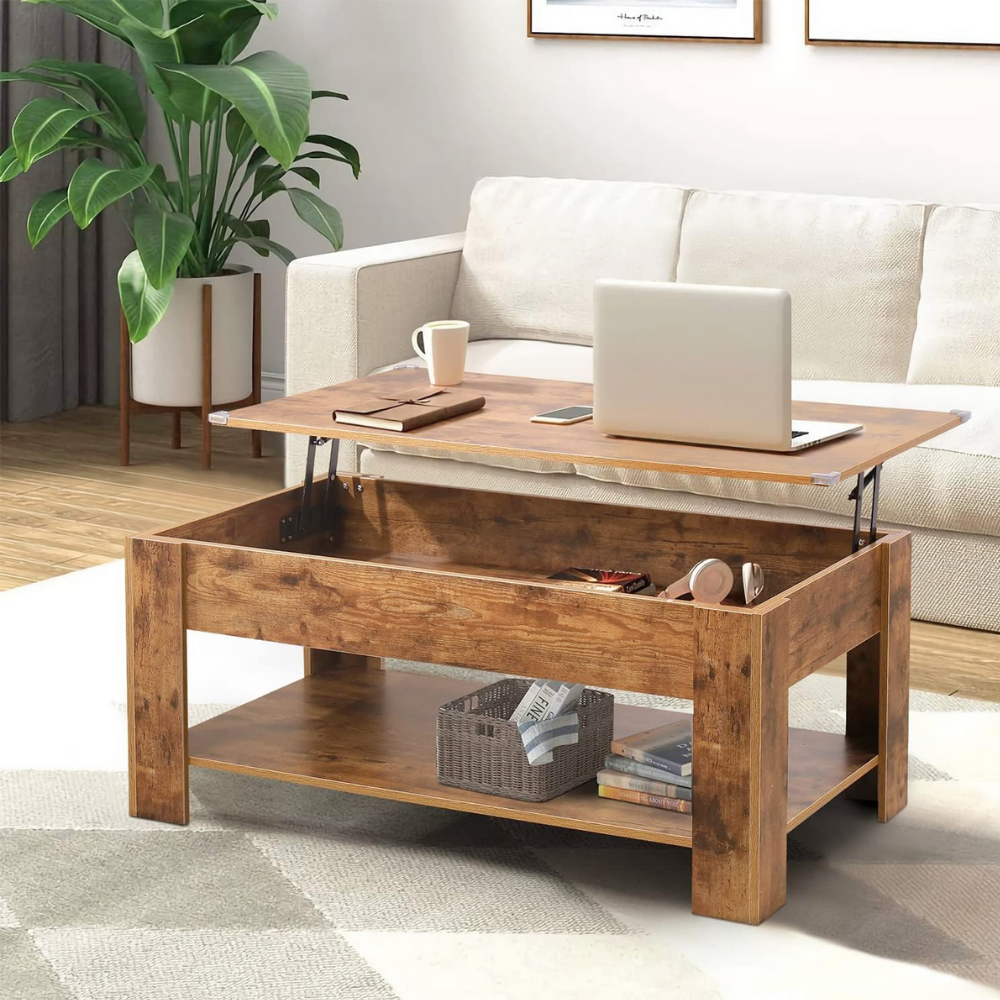Vintage Lift-Top Coffee Table with Hidden Storage and Shelf-4