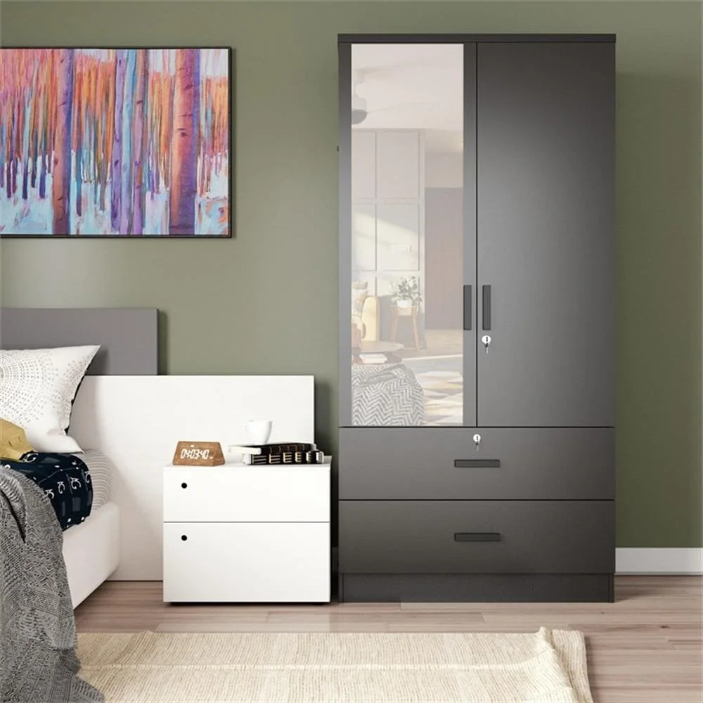 Black MDF Wardrobe with Hanging Rod and Double Drawers-4