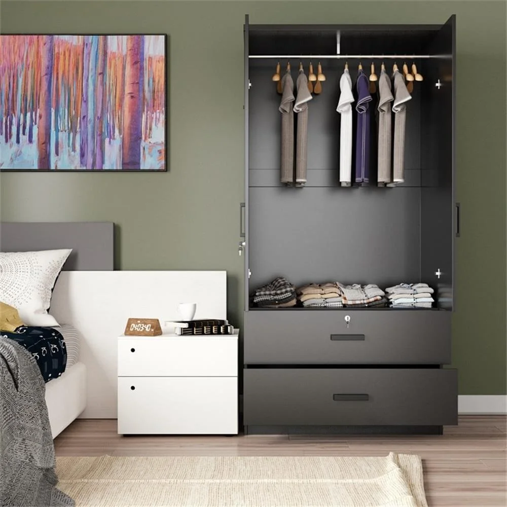 Black MDF Wardrobe with Hanging Rod and Double Drawers-3