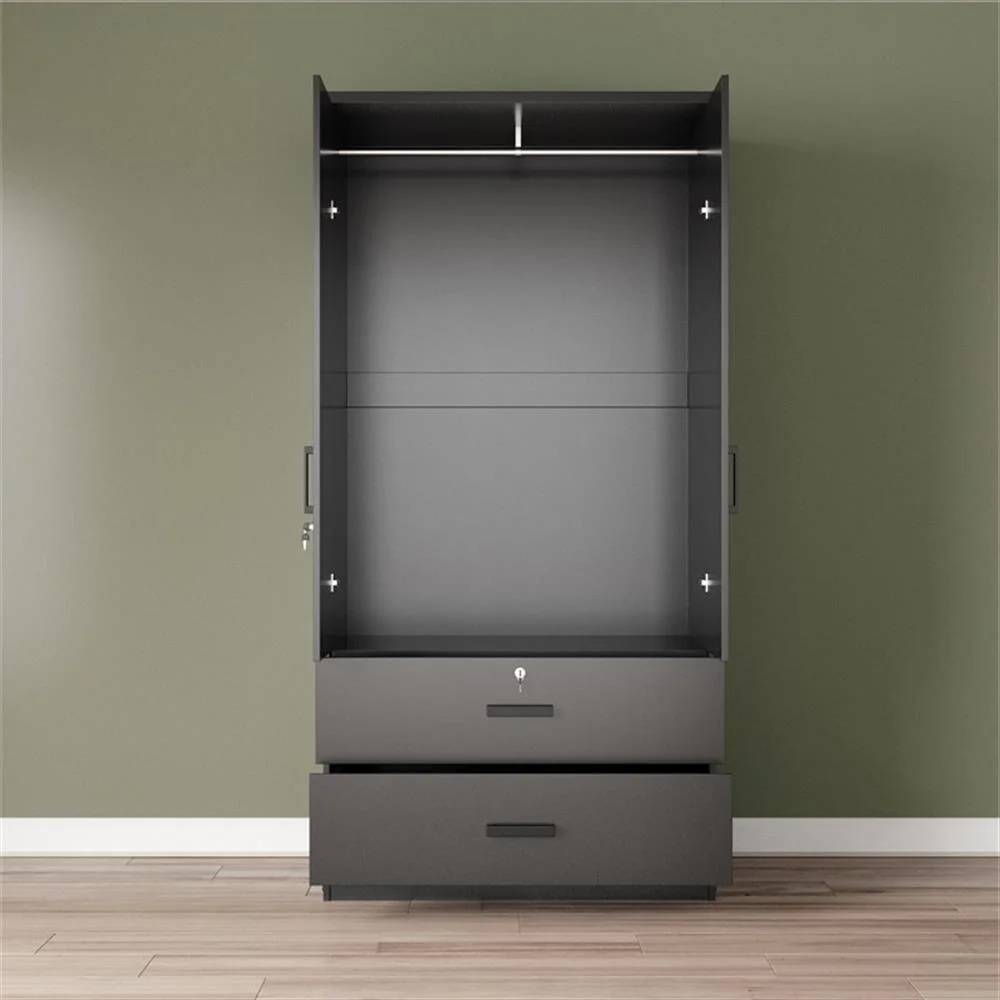 Black MDF Wardrobe with Hanging Rod and Double Drawers-5
