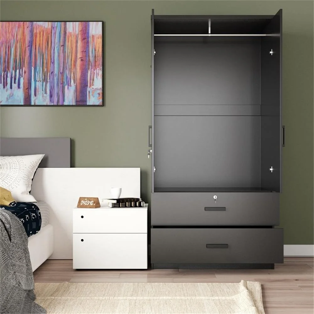 Black MDF Wardrobe with Hanging Rod and Double Drawers-1