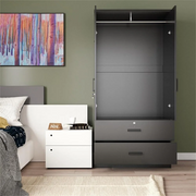 Black MDF Wardrobe with Hanging Rod and Double Drawers-1