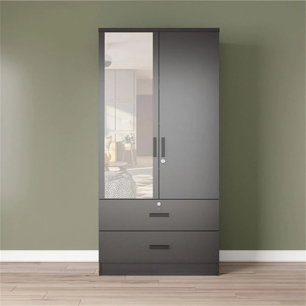 Black MDF Wardrobe with Hanging Rod and Double Drawers-2