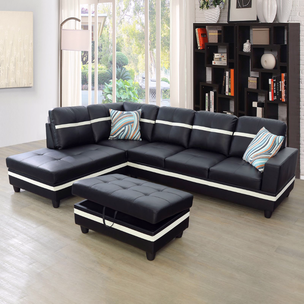 White And Black Semi PU Synthetic Leather 3-Piece Couch Living Room Sofa Set-A