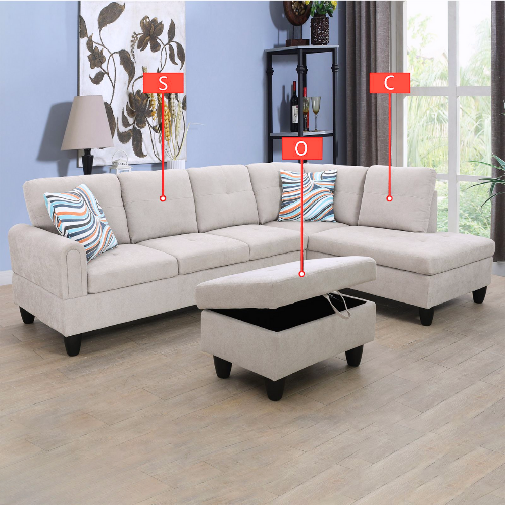 Grey White Corduroy 3-Piece Living Room Sofa Set-B-36