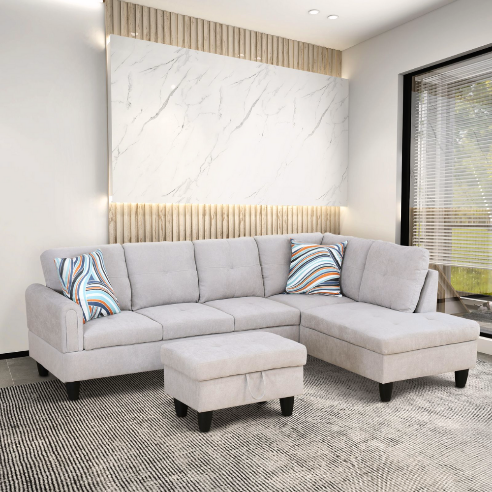 Grey White Corduroy 3-Piece Living Room Sofa Set-B-1