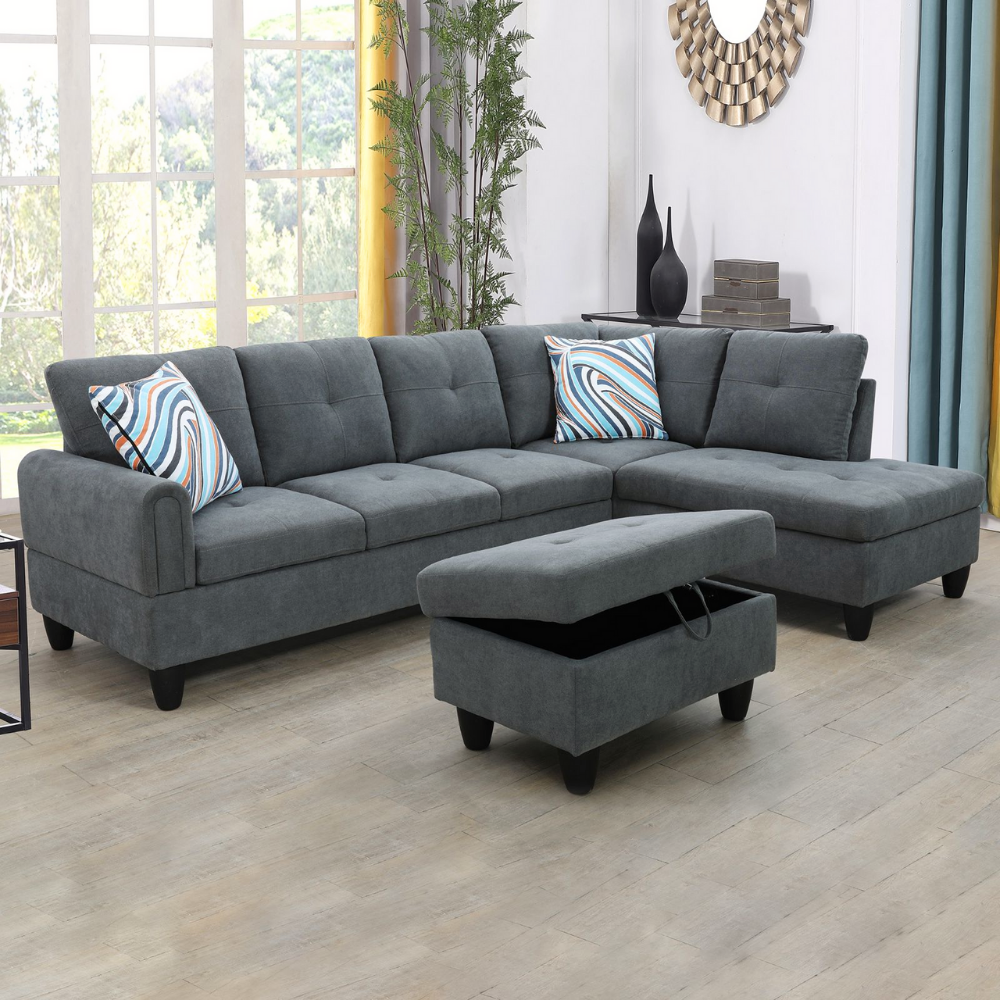 Grey White Corduroy 3-Piece Living Room Sofa Set-B-7