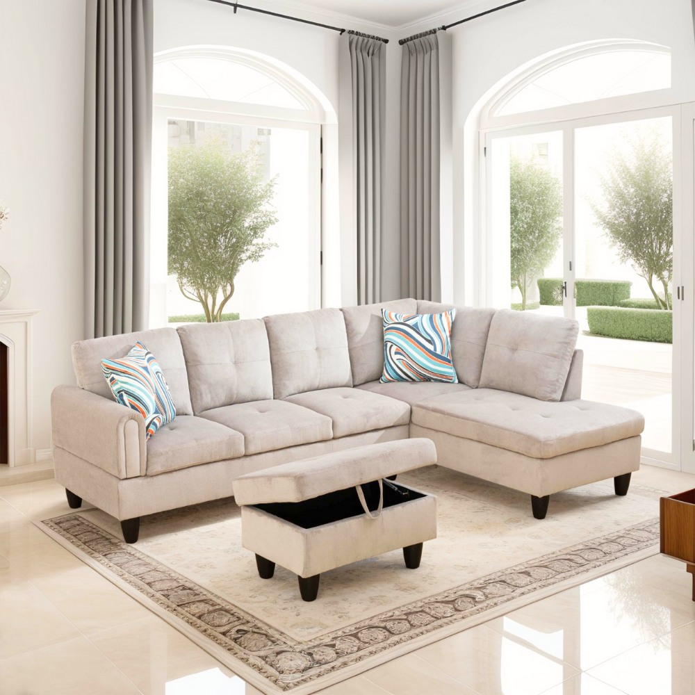 Grey White Corduroy 3-Piece Living Room Sofa Set-B-32