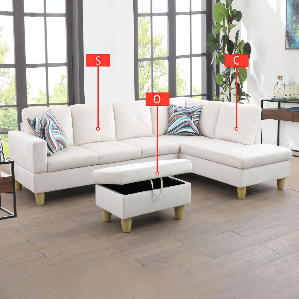 66.5" White Flannel 3-Piece Living Room Sofa Set-B-16