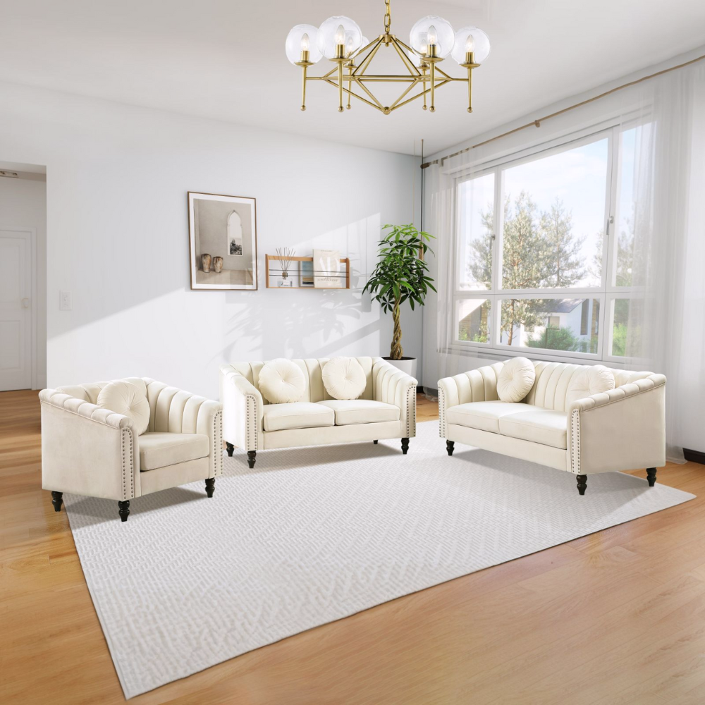 White Microfiber 3-Piece Couch Living Room Sofa Set