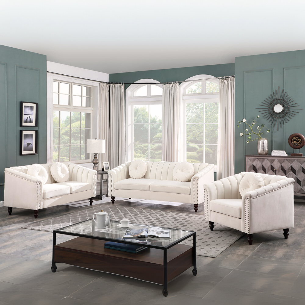 White Microfiber 3-Piece Couch Living Room Sofa Set