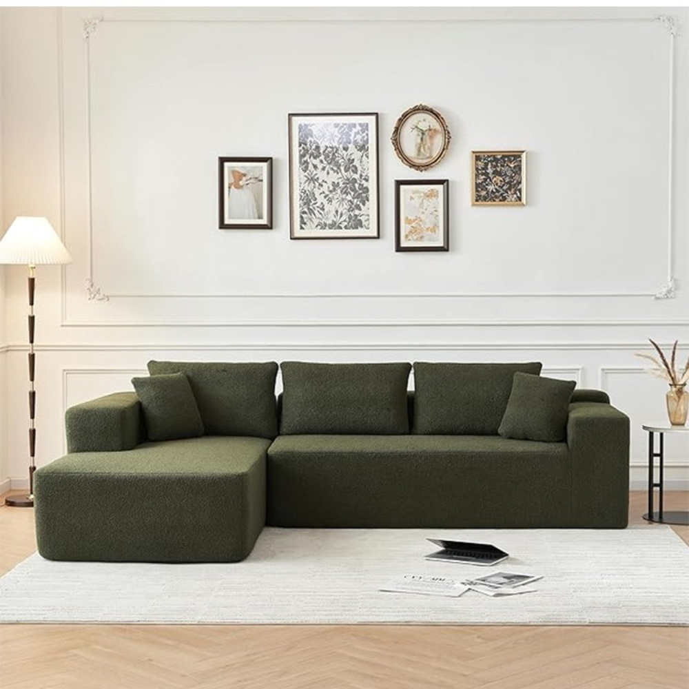 Modular compressed sofa in plush teddy or corduroy—vacuum‑packed single block or sectional layout, cozy and easy to transport for living room, studio or guest rooms.