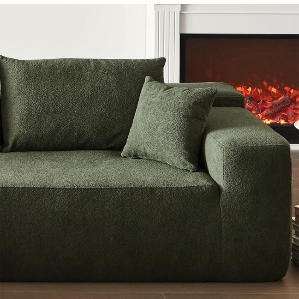 Modular compressed sofa in plush teddy or corduroy—vacuum‑packed single block or sectional layout, cozy and easy to transport for living room, studio or guest rooms.