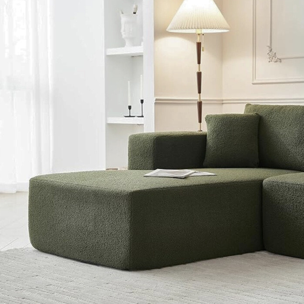 Modular compressed sofa in plush teddy or corduroy—vacuum‑packed single block or sectional layout, cozy and easy to transport for living room, studio or guest rooms.