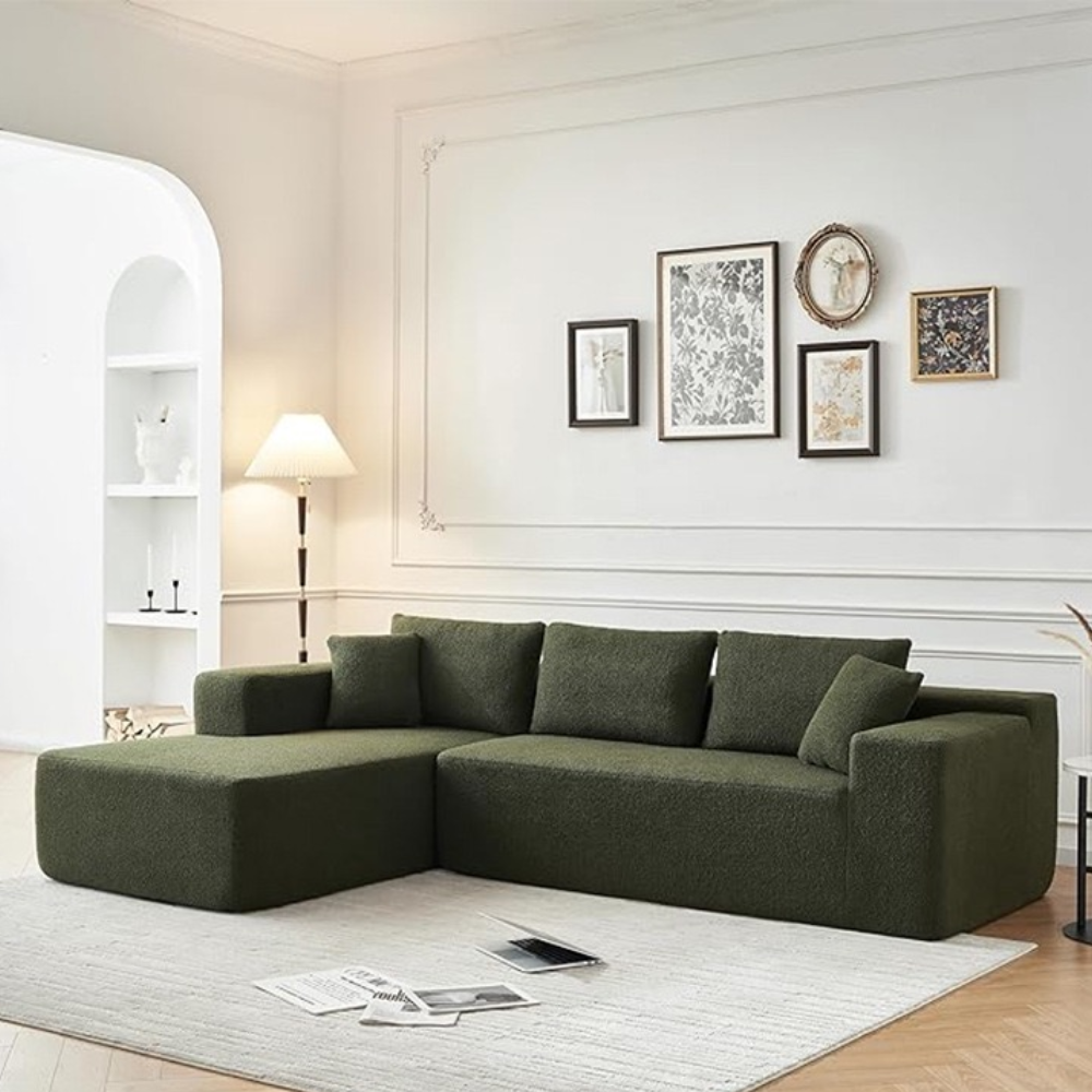 Modular compressed sofa in plush teddy or corduroy—vacuum‑packed single block or sectional layout, cozy and easy to transport for living room, studio or guest rooms.