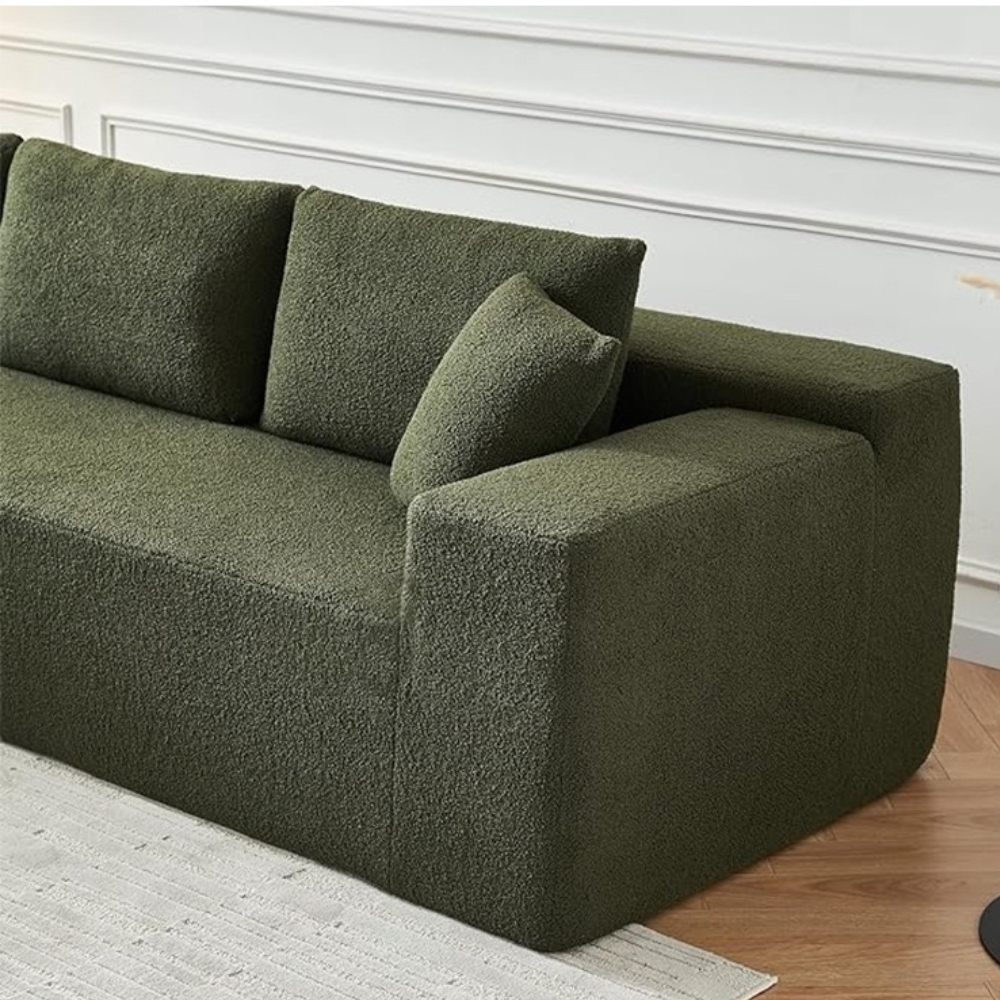 Modular compressed sofa in plush teddy or corduroy—vacuum‑packed single block or sectional layout, cozy and easy to transport for living room, studio or guest rooms.