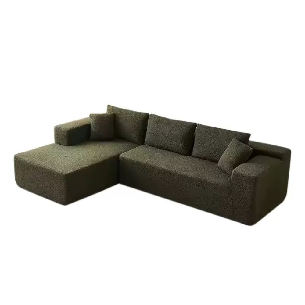 Modular compressed sofa in plush teddy or corduroy—vacuum‑packed single block or sectional layout, cozy and easy to transport for living room, studio or guest rooms.