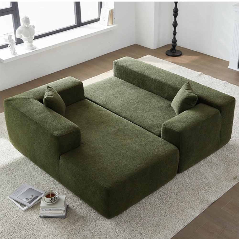 Modular compressed sofa in plush teddy or corduroy—vacuum‑packed single block or sectional layout, cozy and easy to transport for living room, studio or guest rooms.
