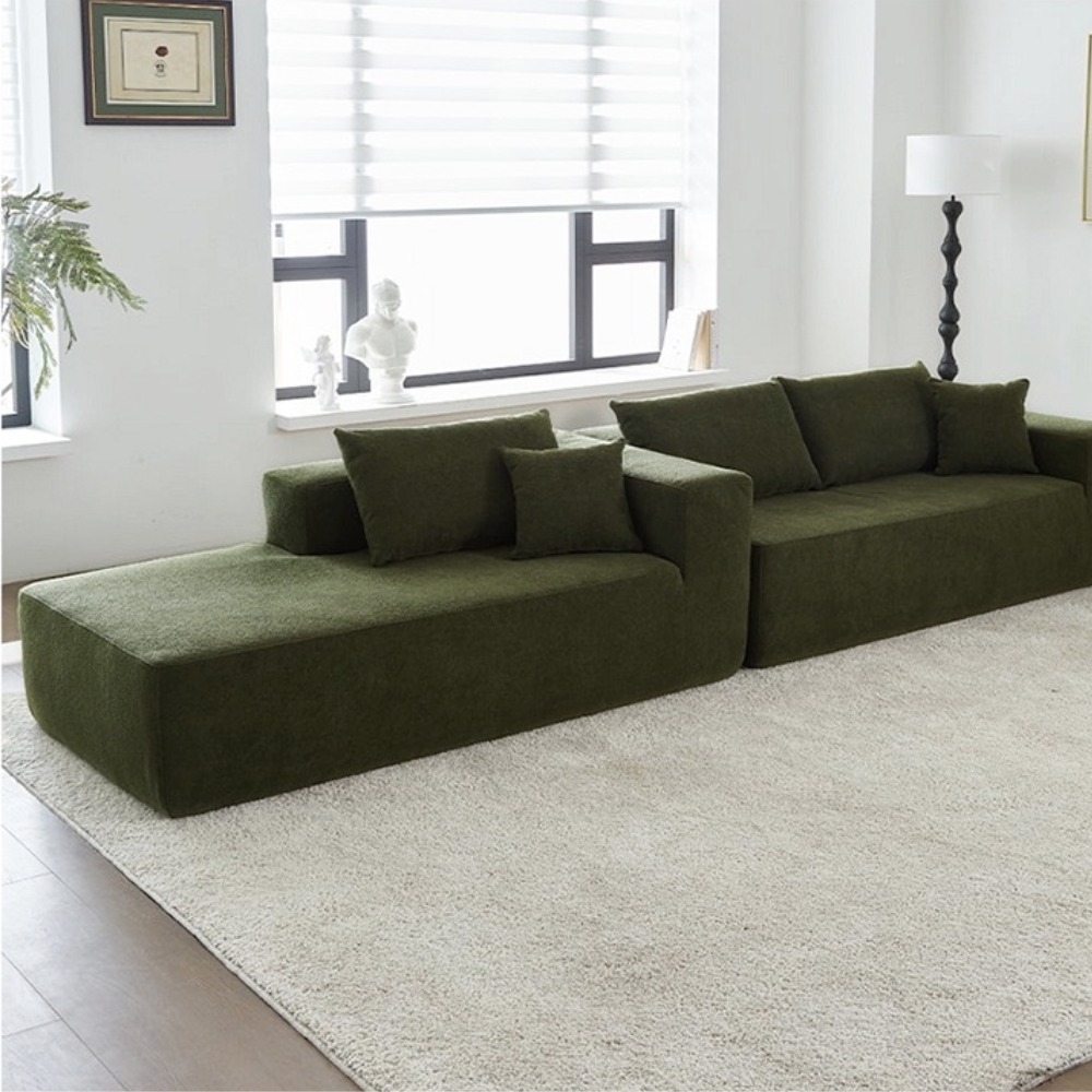Modular compressed sofa in plush teddy or corduroy—vacuum‑packed single block or sectional layout, cozy and easy to transport for living room, studio or guest rooms.