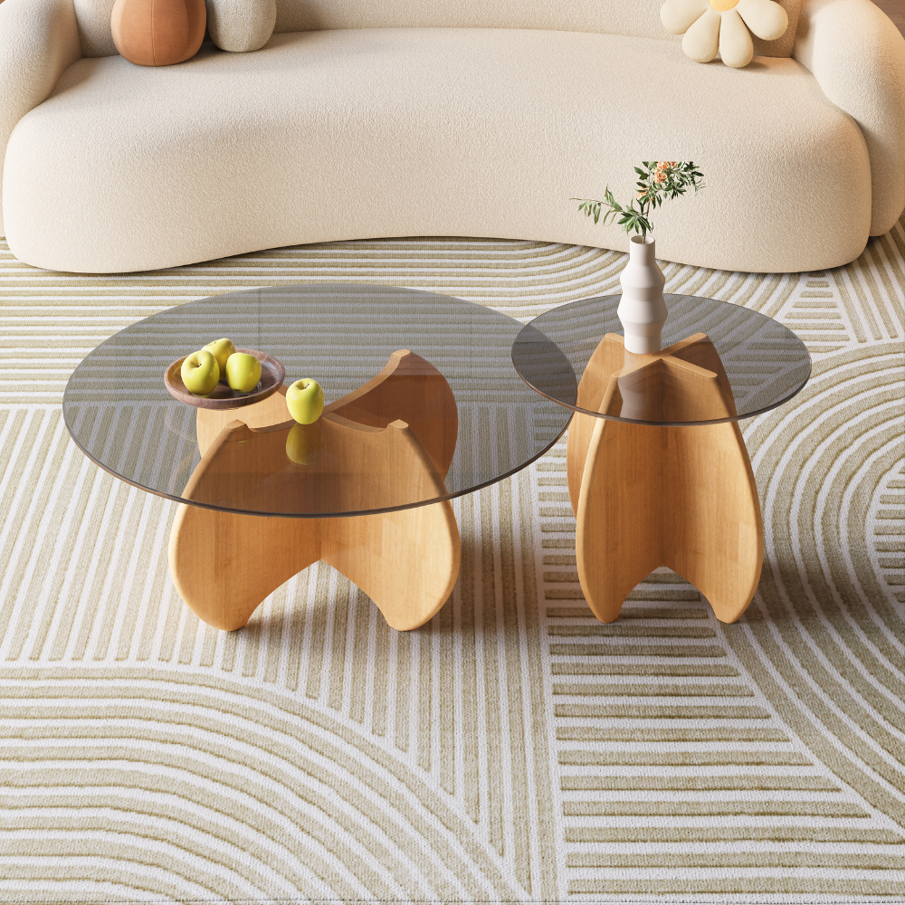Modern Minimalist Wood Glass Coffee Table Set=2