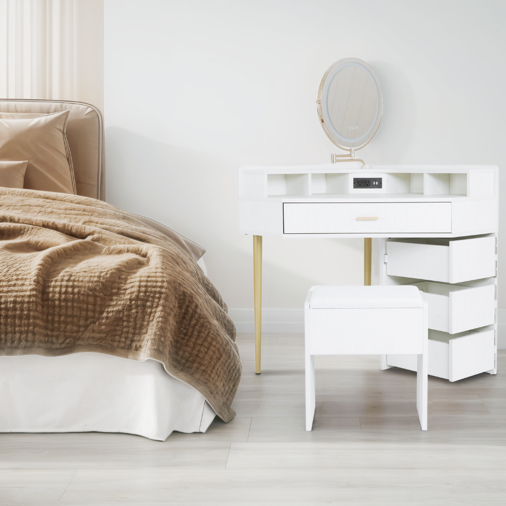 Dresser with its own storage cabinet and mirror table for stool & USB port