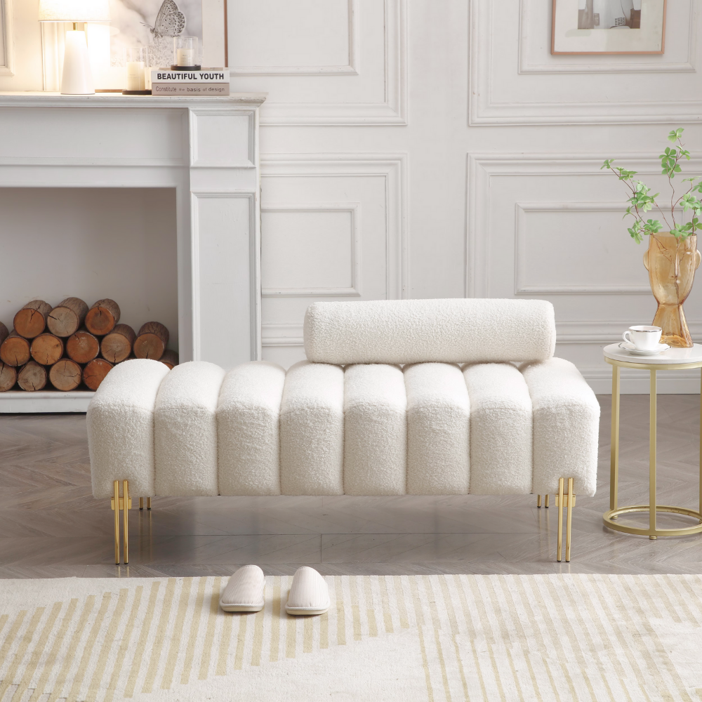 Sherpa Upholstered 2-Seater End-of-Bed Bench｜53.2" Modern Window Seat Ottoman Bench with Gold Legs