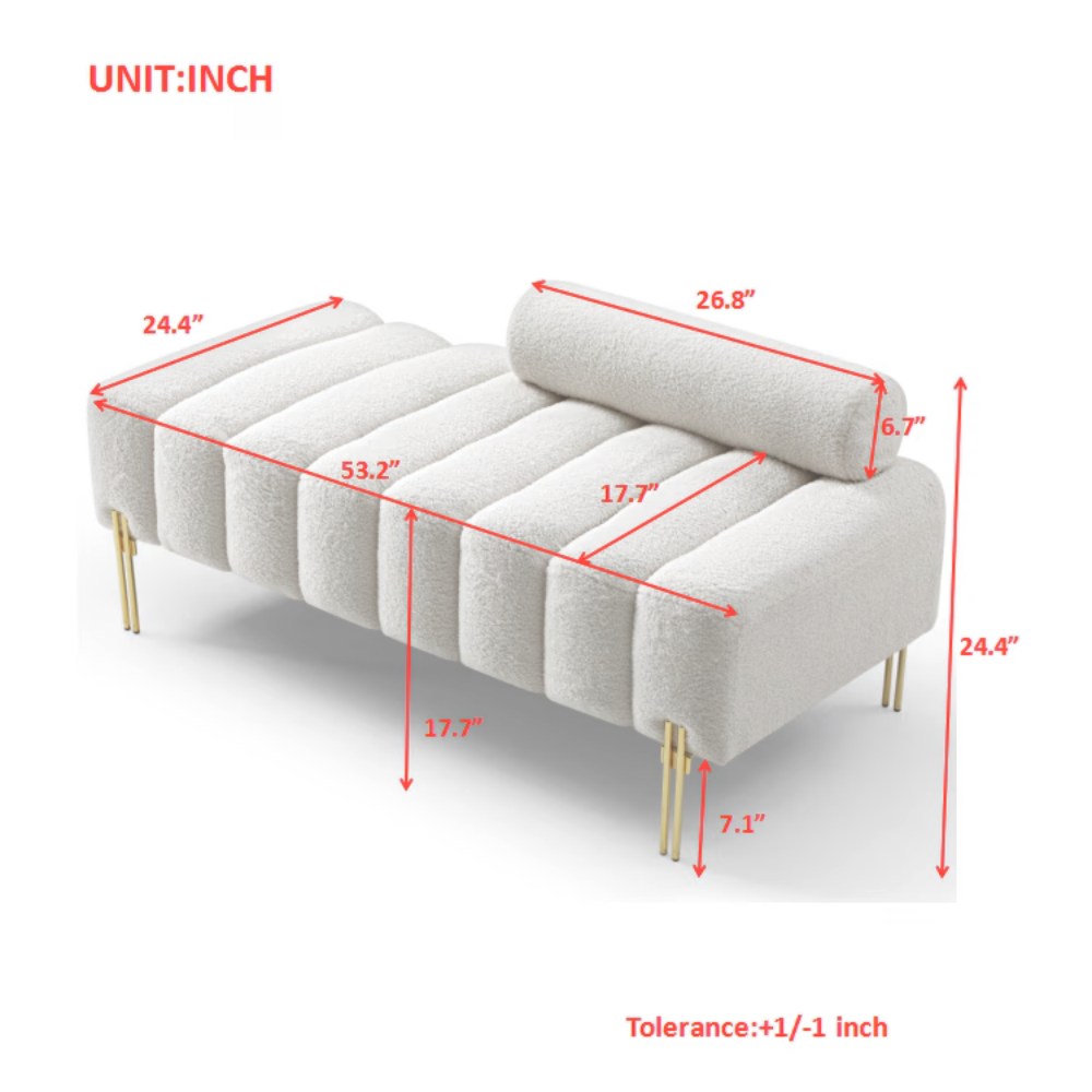 Sherpa Upholstered 2-Seater End-of-Bed Bench｜53.2" Modern Window Seat Ottoman Bench with Gold Legs
