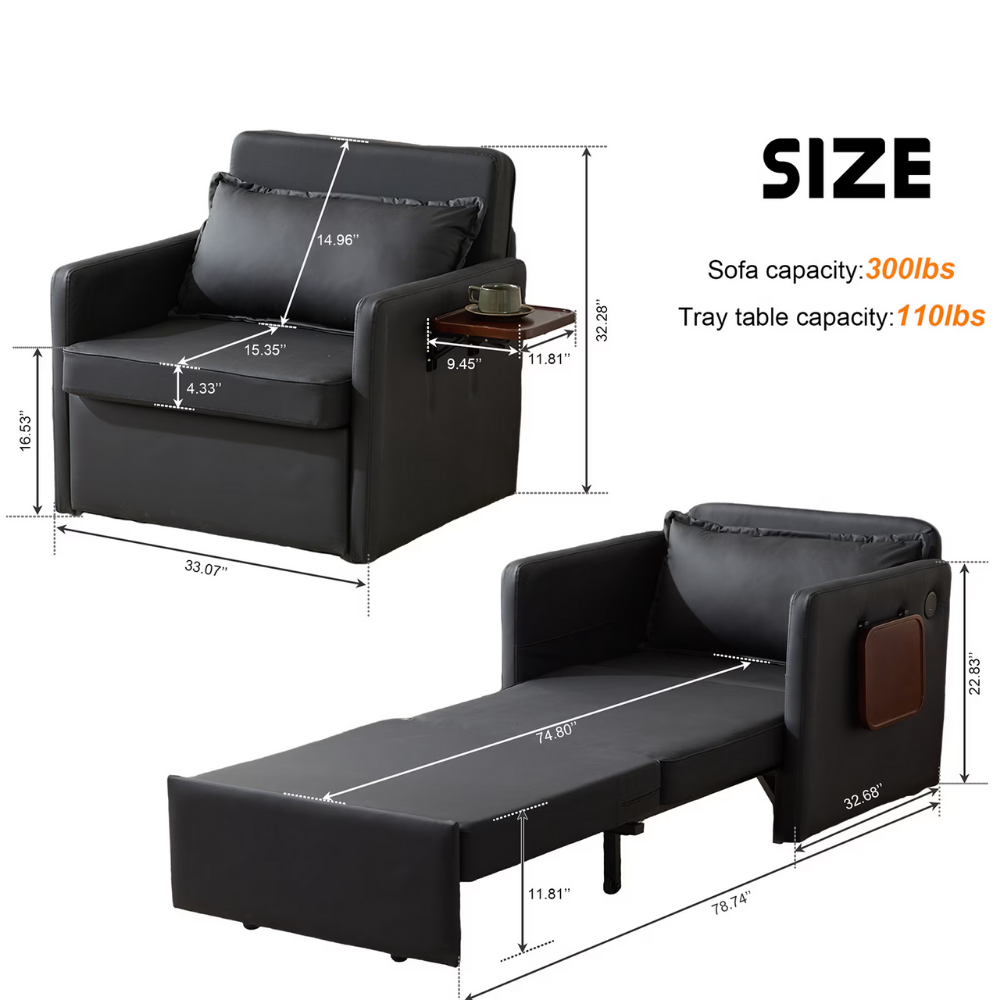 Convertible Sleeper Chair with Foldable Tray and USB Charging Port-10