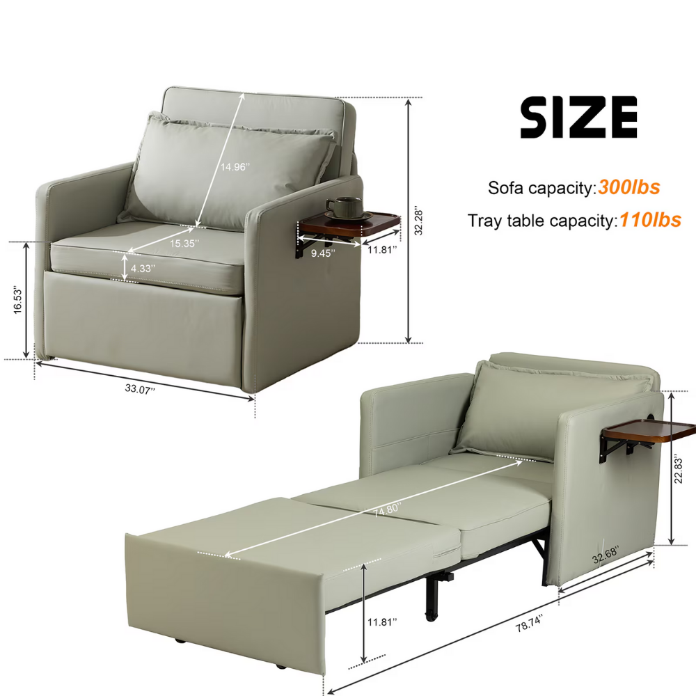 Convertible Sleeper Chair with Foldable Tray and USB Charging Port