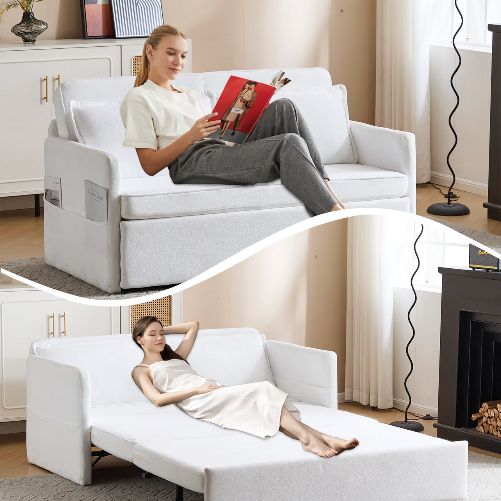 Fabric Upholstered 2-Seater Sofa Bed with Pull-Out Sleeper & Tray Table-6