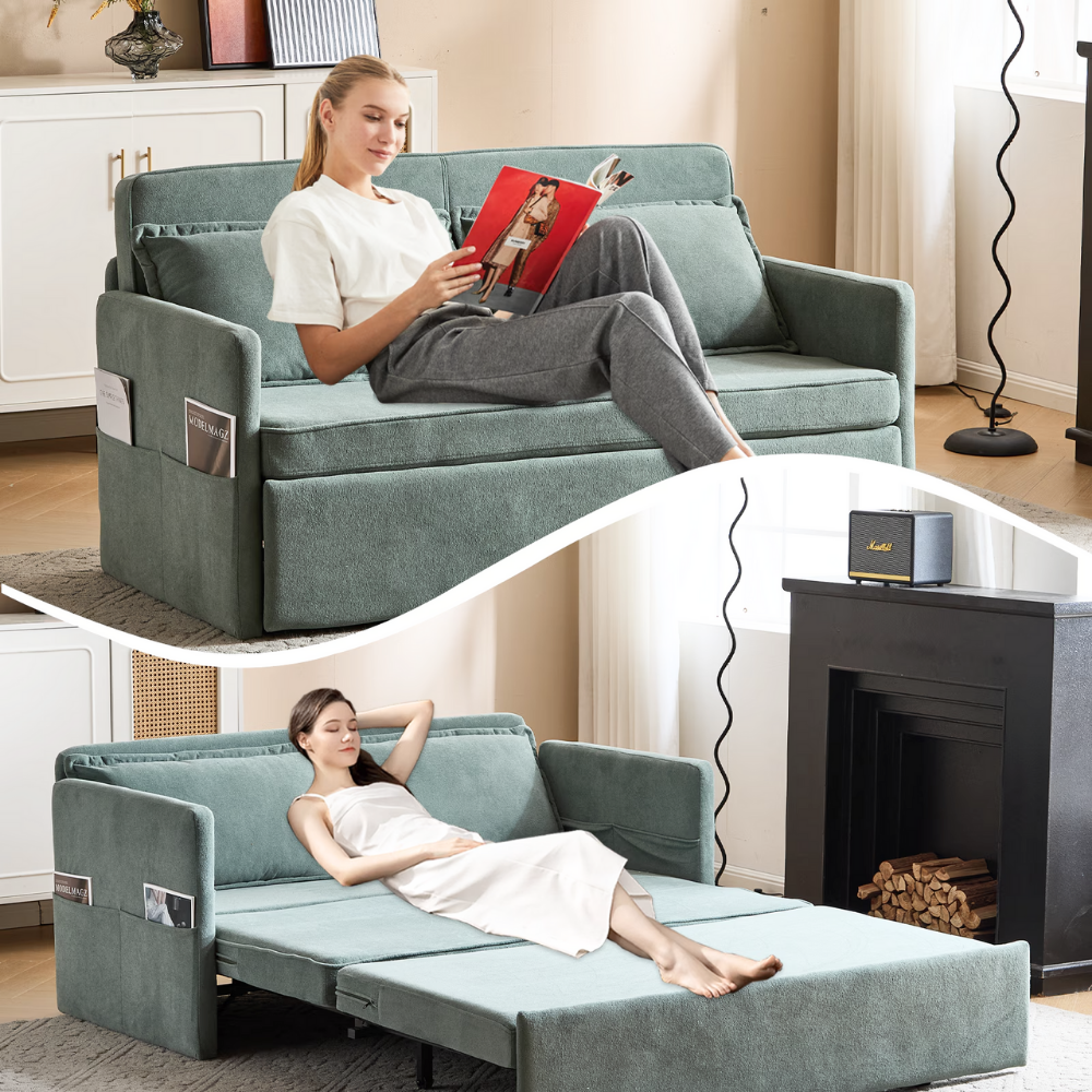 Fabric Upholstered 2-Seater Sofa Bed with Pull-Out Sleeper & Tray Table-12
