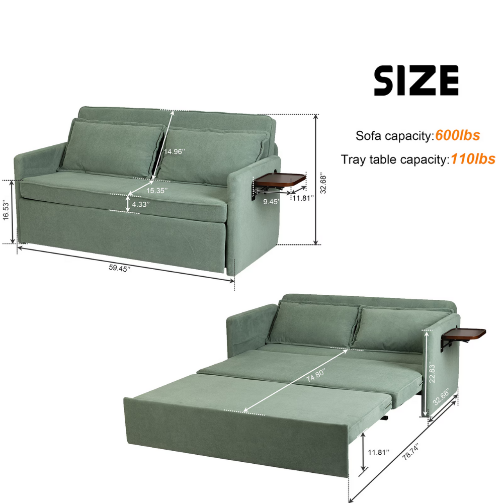 Fabric Upholstered 2-Seater Sofa Bed with Pull-Out Sleeper & Tray Table-14