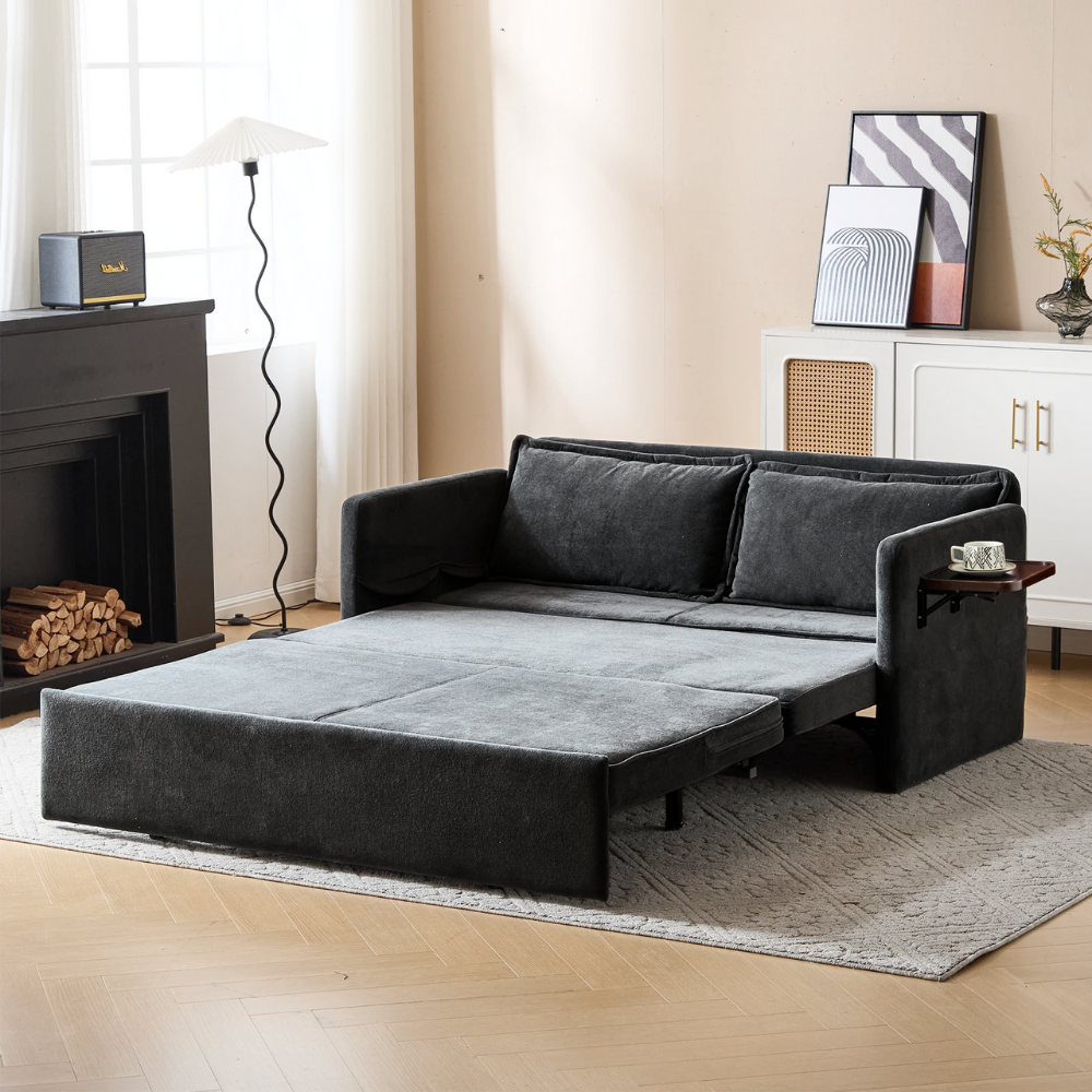 Fabric Upholstered 2-Seater Sofa Bed with Pull-Out Sleeper & Tray Table-18