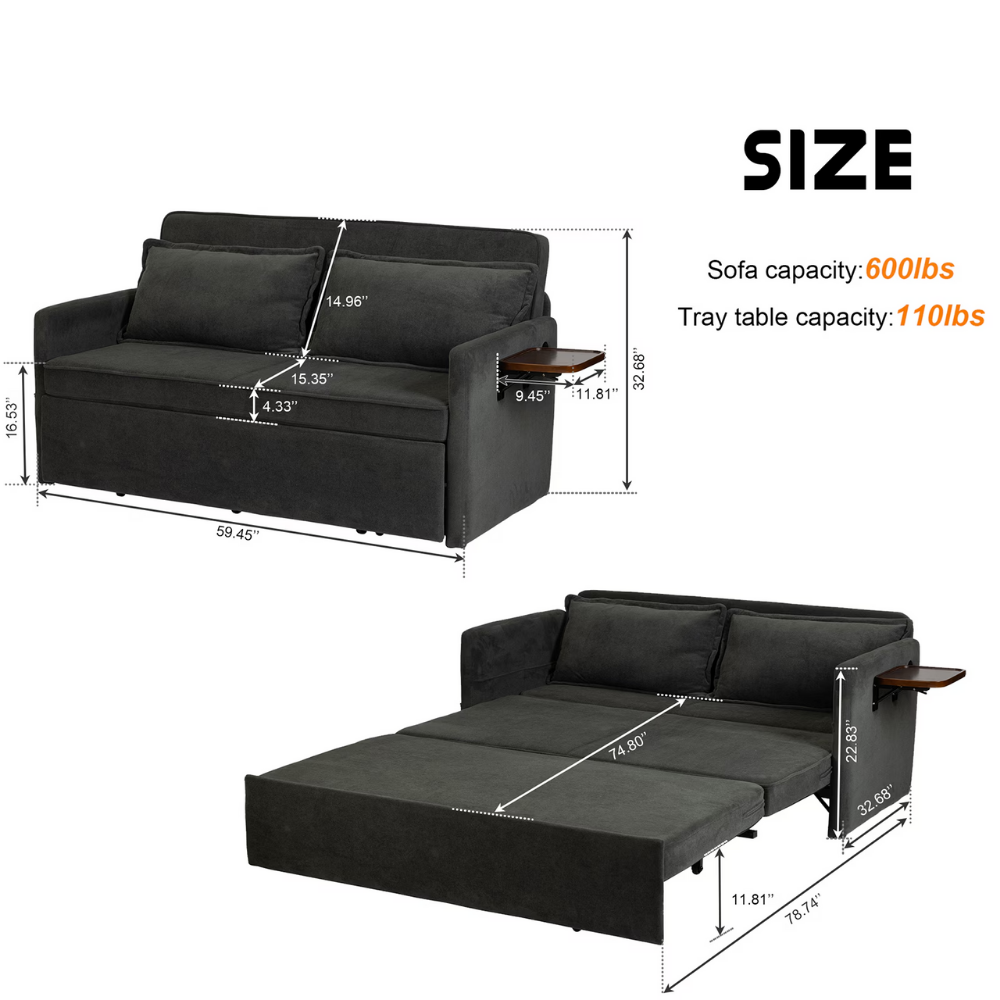 Fabric Upholstered 2-Seater Sofa Bed with Pull-Out Sleeper & Tray Table-21