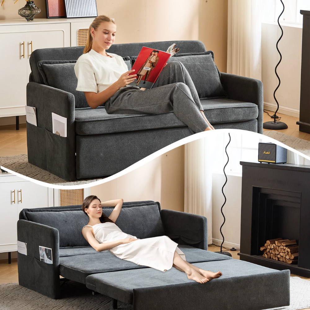 Fabric Upholstered 2-Seater Sofa Bed with Pull-Out Sleeper & Tray Table-19