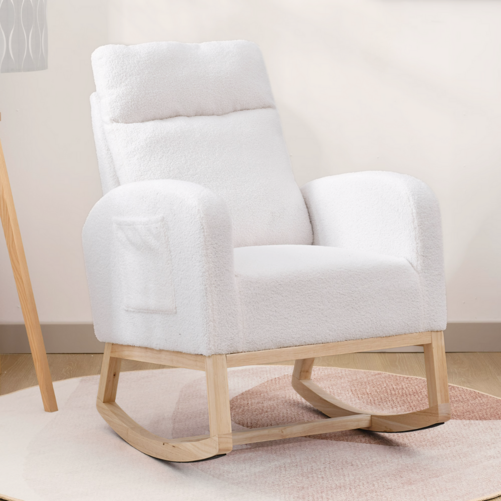 Modern High-Back Teddy Fabric Rocking Chair with Wood Legs-1