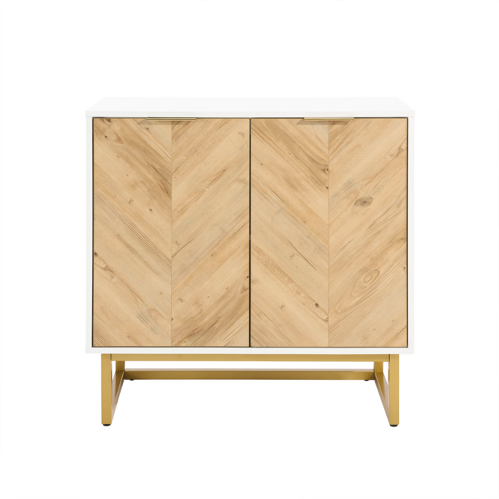 Modern white and gold herringbone pattern sideboard with adjustable storage and double doors for living room or entryway organization.