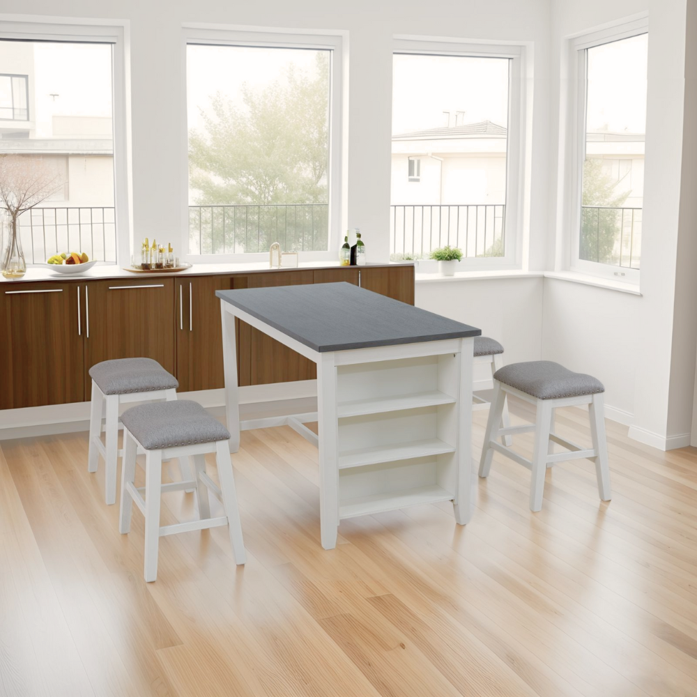 White Oak with Black MDF Top and Grey Linen Living Room Table set 5 PIECES