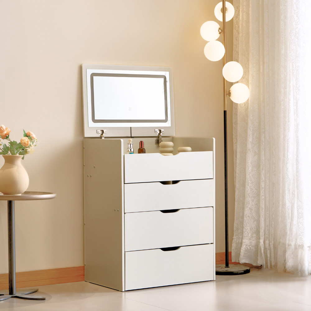 Cream Style Lift-Top Vanity Dresser with LED Mirror and Storage Drawers （Small）-9