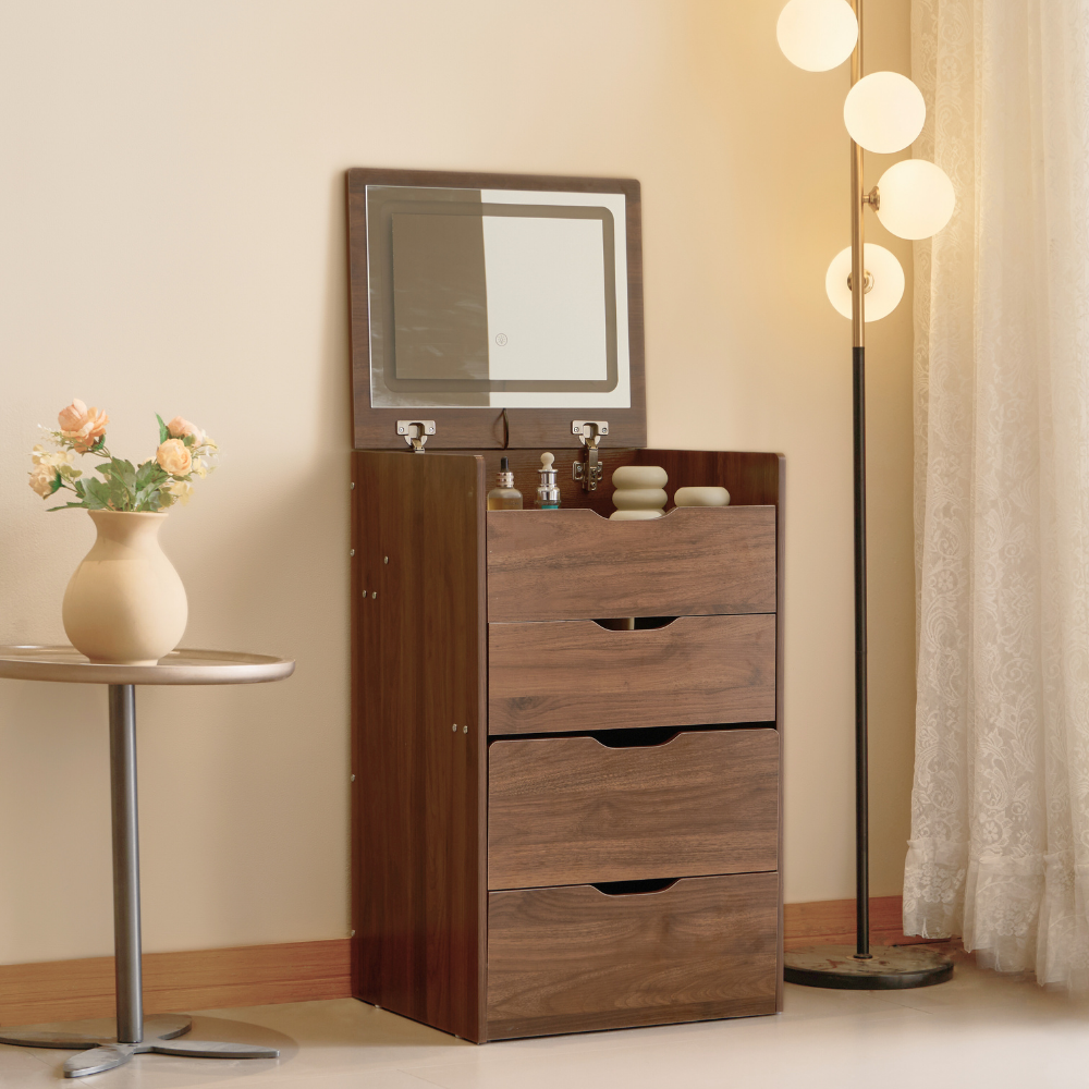 Walnut Lift-Top Vanity Table with Drawer Stool for Small Spaces（Large）-8