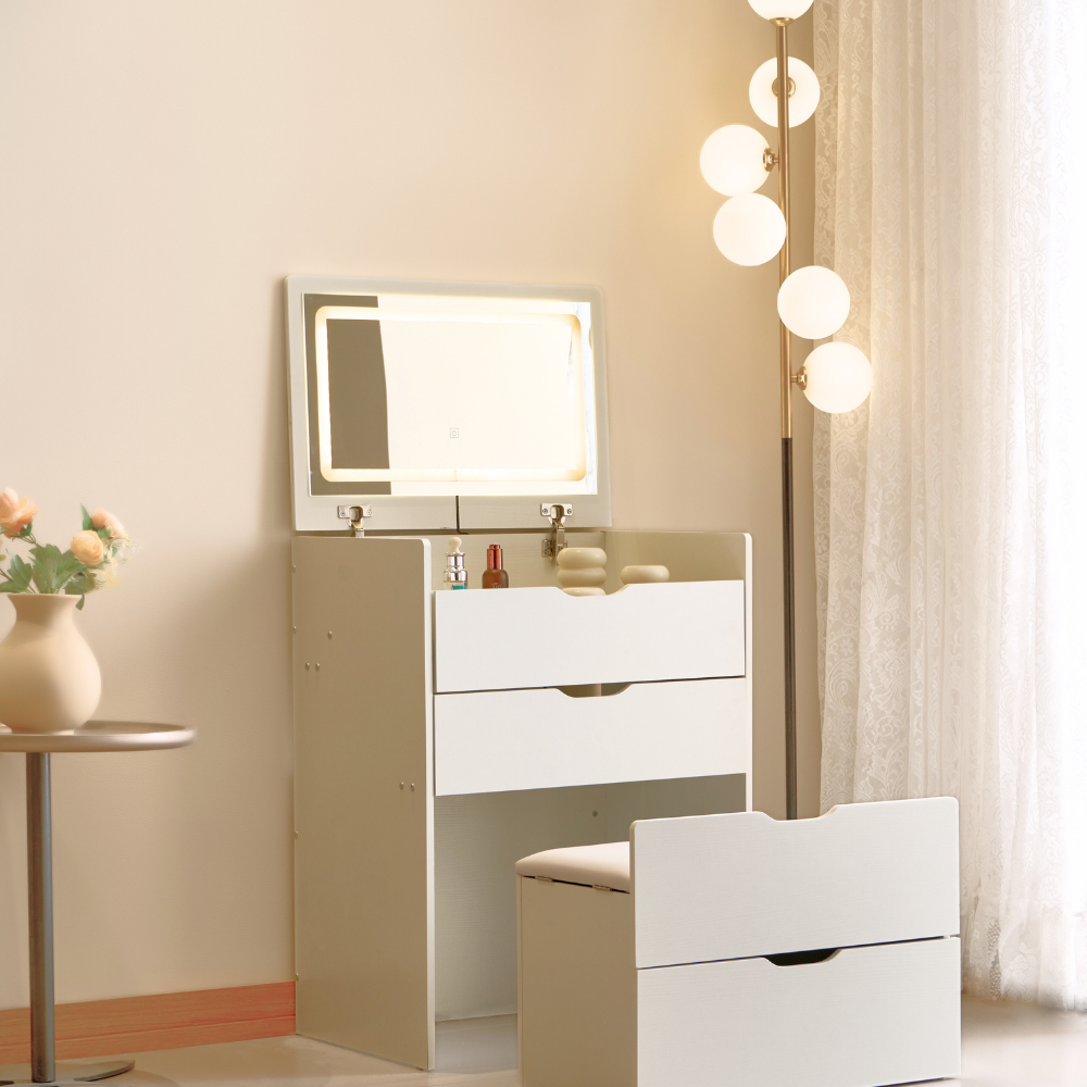 Cream Style Lift-Top Vanity Dresser with LED Mirror and Storage Drawers （Large）-1