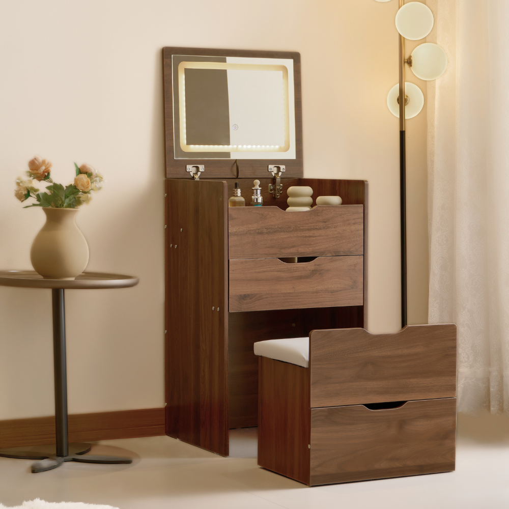 Walnut Lift-Top Vanity Table with Drawer Stool for Small Spaces（Large）-9