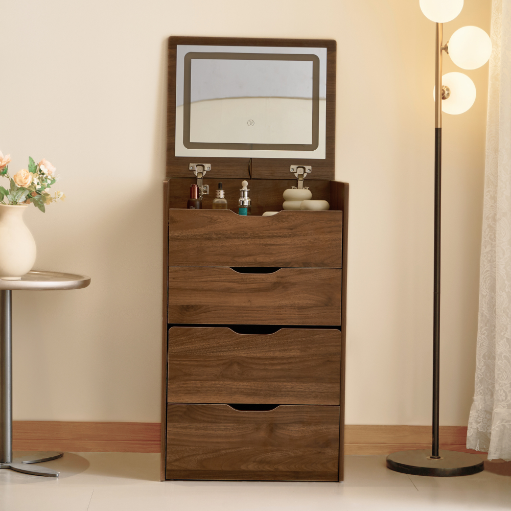 Walnut Lift-Top Vanity Table with Drawer Stool for Small Spaces（Large）-10