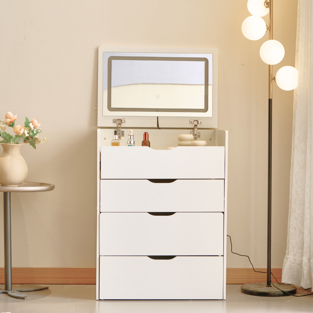 Cream Style Lift-Top Vanity Dresser with LED Mirror and Storage Drawers （Small）-1