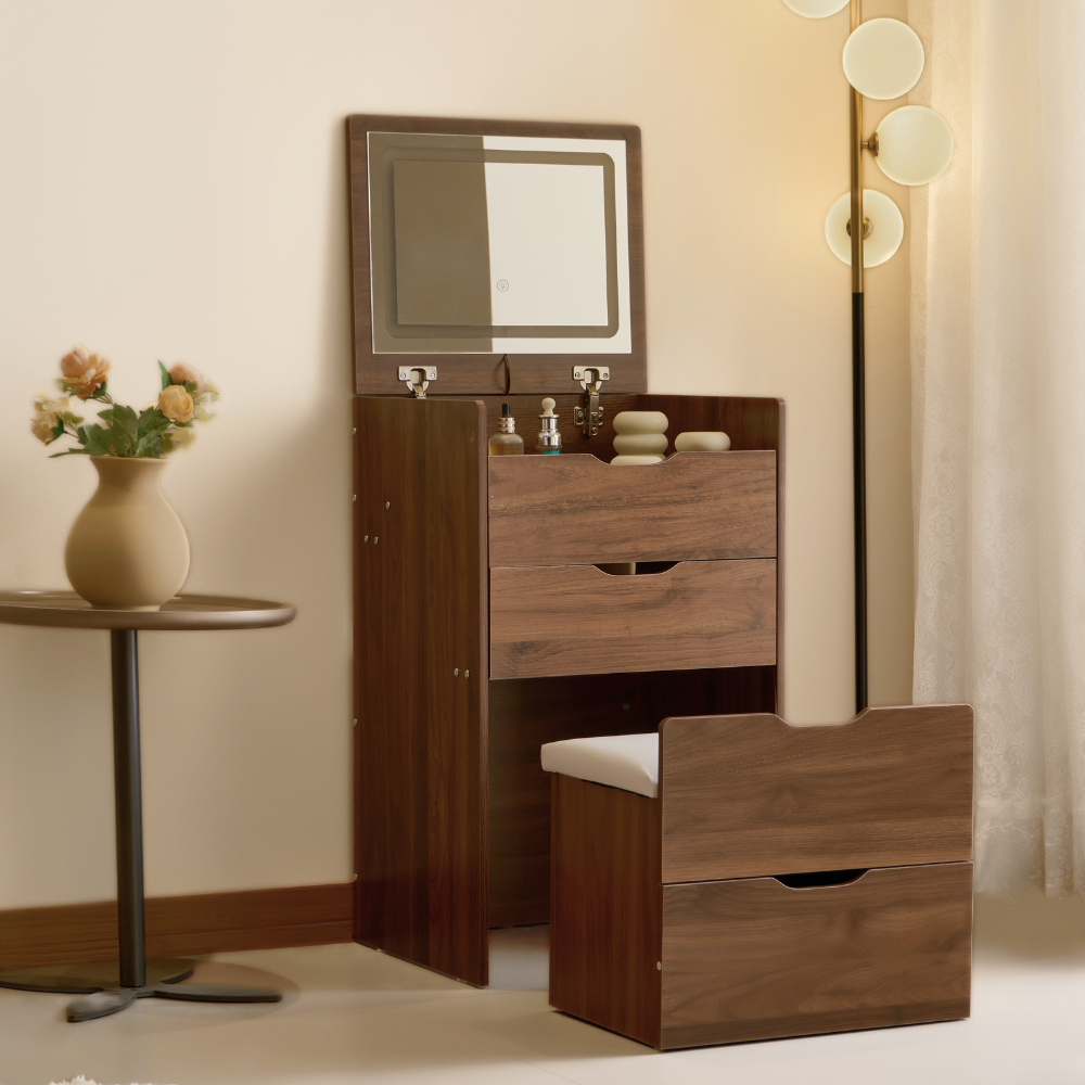 Walnut Lift-Top Vanity Table with Drawer Stool for Small Spaces（Large）-1