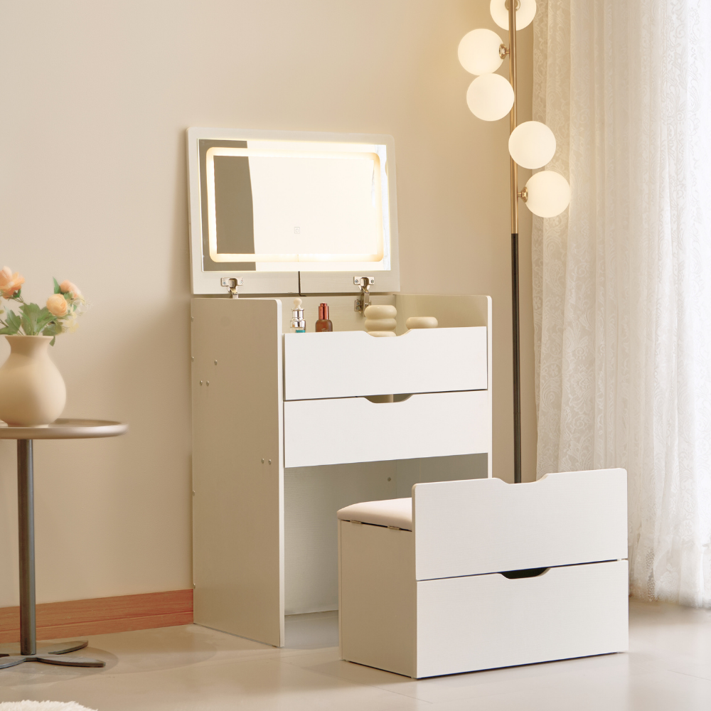 Cream Style Lift-Top Vanity Dresser with LED Mirror and Storage Drawers （Small）-2